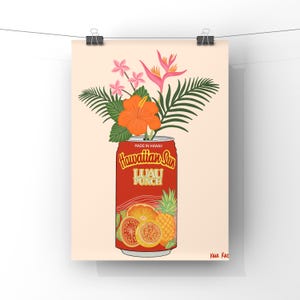 May include: Illustration of a red Hawaiian Sun Luau Punch can with tropical flowers and foliage. The can features fruit images and the text "Hawaiian Sun Luau Punch". The artwork is set against a light peach background.