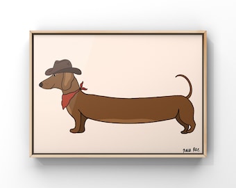 May include: A brown dachshund wearing a brown cowboy hat and a red bandana. The dog is standing on a light peach background. The image is signed "Gaia Rae" in the bottom right corner.