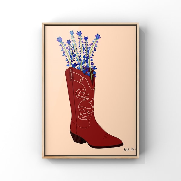 Bluebonnet Cowgirl Boot Art Print: Western Flower Vase Decor