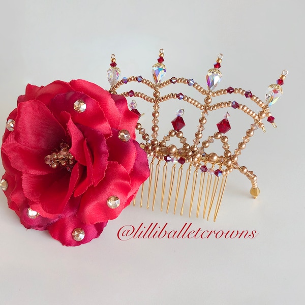 BALLET SWAROVSKI COMB, Red Swarovski Rose, Ballet Headpiece, Spanish rose, Kitri hairpiece, Paquita Headpiece, Rose hairpiece, Don Quixote