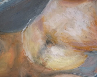 May include: Abstract oil painting with a focus on warm tones. The artwork features a blend of cream, yellow, and peach hues, with accents of blue and gray. The brushstrokes create a textured effect, suggesting a soft, organic form.
