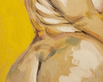 May include: An abstract painting featuring a figure's back and shoulder, rendered in warm, earthy tones against a vibrant yellow background. The artwork uses broad brushstrokes and a palette of beige, brown, and white, creating a textured effect.