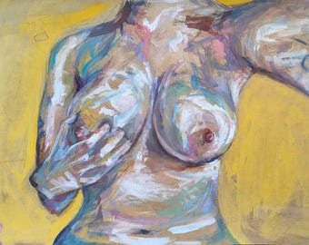 May include: An abstract painting of a torso, rendered in a palette of yellow, blue, and white. The artwork depicts a figure with one hand touching the chest. The background is a solid yellow.