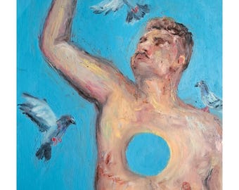 May include: An oil painting on canvas depicts a person with an open chest, a blue circle, and three doves. The person's arm is raised, and the background is a solid blue. The artwork has a textured, painterly style.