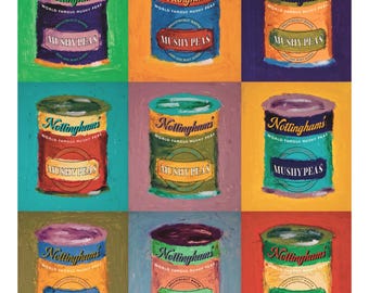 May include: A colorful artwork featuring multiple painted cans of "Mushy Peas" and "Nottingham's World Famous Mushy Peas." Each can has a different background color, creating a vibrant and eye-catching design. The text is visible on each can.