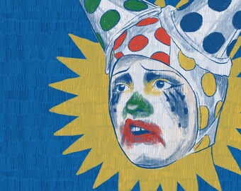 May include: A sad clown with a white face, red lips, green nose, and black tear streaks. The clown is wearing a colorful, polka-dotted hat with a yellow sunburst behind the head.