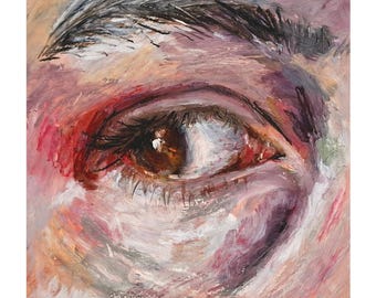 May include: An eye painting with a close-up view. The artwork features a brown eye with long eyelashes, surrounded by shades of pink, red, and white. The eyebrow is dark and textured. The style is expressive and painterly.