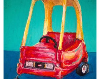 May include: A vibrant painting of a red toy car with a yellow roof and black wheels. The car has a steering wheel and is set against a blue background. The artwork is done in an expressive, painterly style.