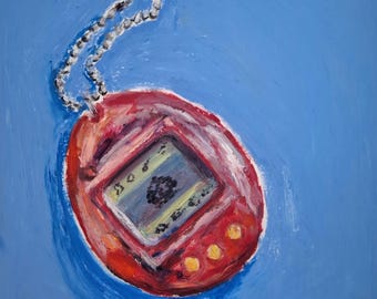 May include: A red handheld digital pet device with a silver chain, set against a blue background. The device has a small screen displaying pixelated graphics and yellow buttons. The artwork is done in an oil painting style.