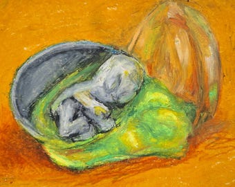 May include: An abstract oil pastel painting featuring a figure curled up in a gray bowl, resting on a green cloth. A large, orange-yellow shape is behind the bowl, set against a yellow-orange background.