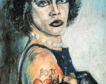 May include: An oil painting portrait of a person with dark curly hair, wearing a dark blue top and a pearl necklace. A tattoo of a heart with the word "BO$$" is visible on the arm. The person is wearing a black glove.