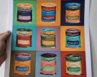 May include: A print featuring a grid of colorful, stylized illustrations of canned goods. Each can is labeled "Nottinghams" and "Mushy Peas." The artwork has a pop art style with a variety of background colors.