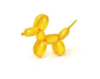 May include: A watercolor illustration of a yellow balloon dog. The dog is made of connected balloon shapes, with a head, body, legs, and tail. The artwork is on a white background.