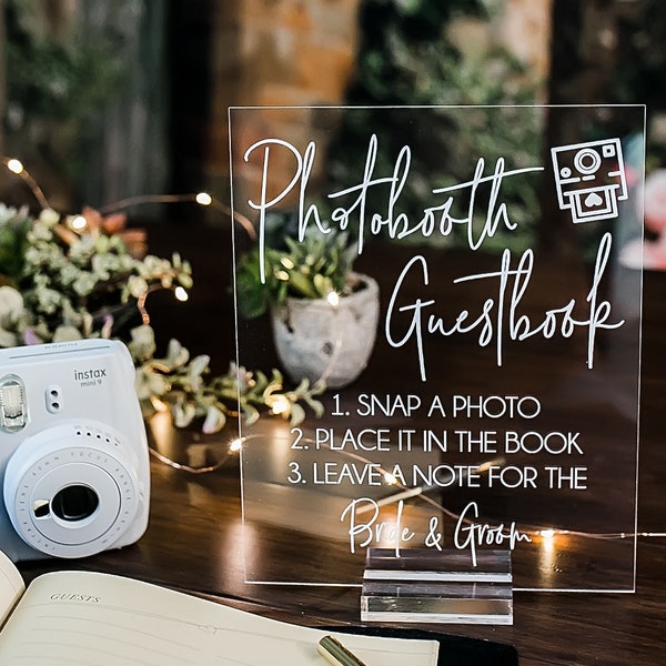 Photobooth Guestbook Snap It Stick It Sign It Clear Glass Look Acrylic Wedding Sign, Photo Booth Station Guest Book Lucite Table