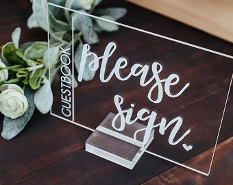 Hand Lettered Minimalist Please Sign Our Guestbook Clear Glass Look Acrylic Wedding Sign, Guest Book Plexiglass Perspex Lucite Table Sign