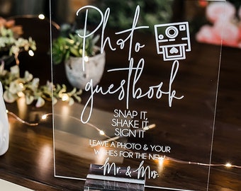 Photo Guestbook Snap It Stick It Sign It Clear Glass Look Acrylic Wedding Sign, Photo Booth Station Guest Book Lucite Table Sign