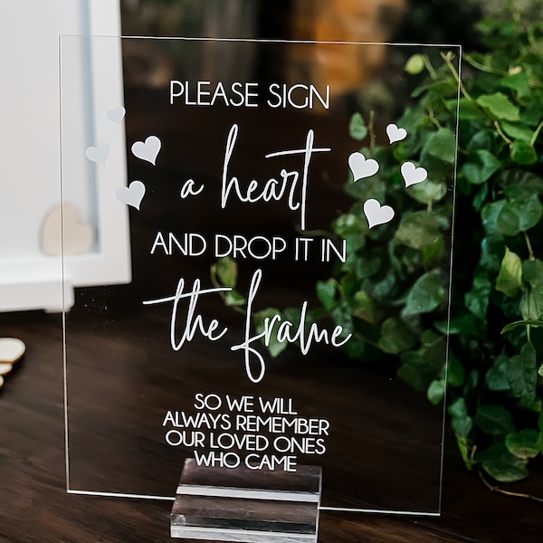 Please Sign A Heart And Drop It Into The Frame Clear Glass Look Acrylic Wedding Sign, Photo Booth Station Guest Book Lucite Table