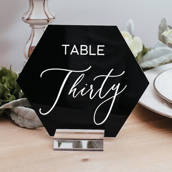 Black or Clear Hexagon Acrylic Table Number Sign With Stands, Clear Glass Look Perspex Modern Calligraphy Numbers Lucite Minimalist Seating