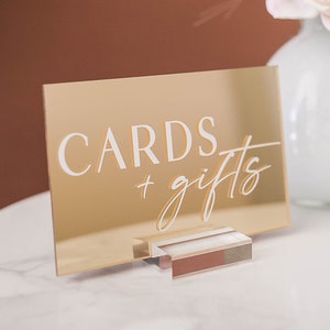 Gold Mirror Cards and Gifts Modern Minimalist Clear Glass Look Acrylic Wedding Sign, Gifts and Cards Lucite Perspex Table Sign