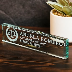 Attorney Glass Office Desk Name Plate, Clear JD Judge Nameplate, Lawyer Appreciation Gift, Juris Doctor Law School Graduation