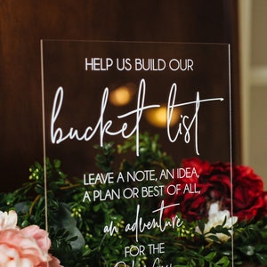 Help Us Make a Bucket List Adventure Clear Glass Look Acrylic Wedding Sign, 8x10 Bucket List Lucite Table Sign