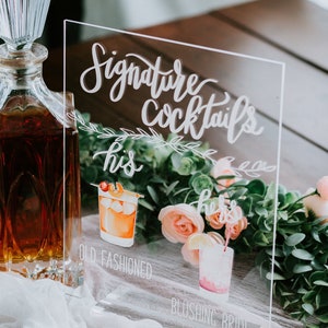 Bar Menu Signature Cocktails Custom Clear Glass Look Acrylic Wedding Sign With Stand, His Her Drinks Lucite Perspex Bar Table Sign