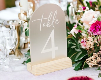 Arch Frosted Acrylic Wedding Table Number Sign With Stands, Perspex Modern Calligraphy Table Numbers, Lucite Minimalist Reception Decor