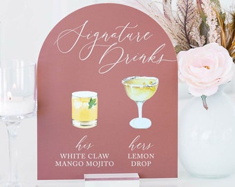 ARCH Bar Menu Signature Cocktails Custom Clear Glass Look Acrylic Wedding Sign With Stand, His Her Drinks Lucite Perspex Bar Table Sign