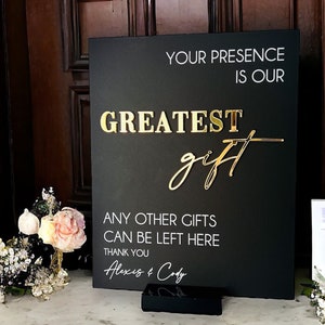 3D Mirror Your Presence Is Our Greatest Gift, Any Other Gifts Can Be Left Here Acrylic Wedding Sign, Cards Perspex Table Gift Table Signage