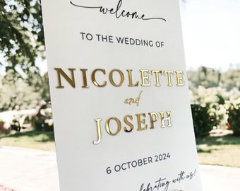 3D Gold Mirror Welcome To The Wedding Of White or Black Acrylic Entrance Sign, Personalized Modern Names And Date Minimalist Event Signage