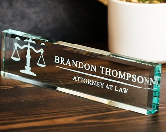 Attorney Glass Office Desk Name Plate, Clear JD Judge Nameplate, Lawyer Appreciation Gift, Juris Doctor Judge Law School Graduation