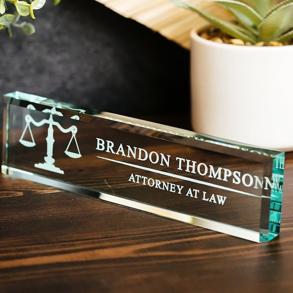 Attorney Glass Office Desk Name Plate, Clear JD Judge Nameplate, Lawyer Appreciation Gift, Juris Doctor Judge Law School Graduation