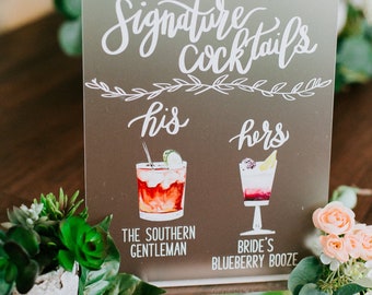 FROSTED Bar Menu Signature Cocktails Custom Acrylic Wedding Sign with Clear Stand, His Her Drinks Lucite Perspex Bar Table Sign