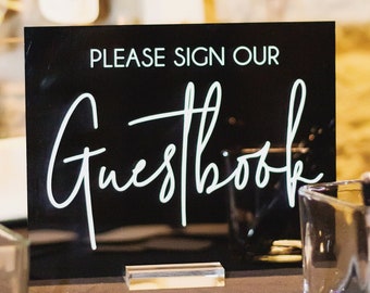 Please Sign Our Guestbook Modern Minimalist Clear Glass Look Acrylic Wedding Sign, 8x10 Gifts and Cards Lucite Perspex Table Sign