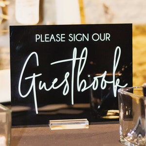 Please Sign Our Guestbook Modern Minimalist Clear Glass Look Acrylic Wedding Sign, 8x10 Gifts and Cards Lucite Perspex Table Sign