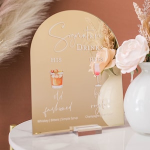 ARCH Gold Mirror Bar Menu Signature Cocktails Custom Acrylic Wedding Sign With Stand, His Her Drinks Signage Lucite Perspex