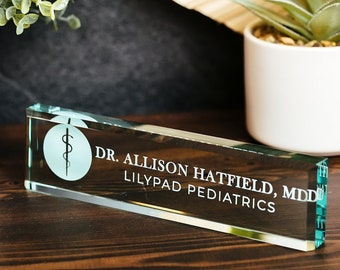 Physician MD Doctor Glass Office Desk Name Plate, Clear PA Surgeon Nameplate, Medical Practitioner Appreciation Gift, Med School Graduation