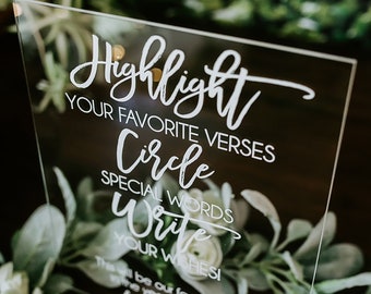 Highlight Your Favorite Bible Verse Clear Glass Look Acrylic Wedding Sign, Guest Book Plexiglass Perspex Lucite Table Sign