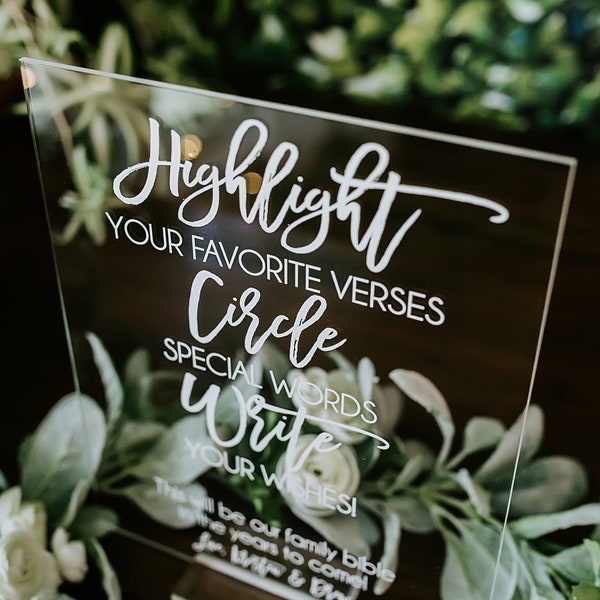 Highlight Your Favorite Bible Verse Clear Glass Look Acrylic Wedding Sign, Guest Book Plexiglass Perspex Lucite Table Sign