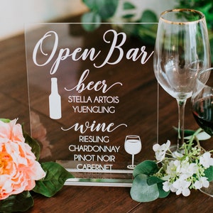 Open Bar Beer Wine Clear Glass Look Acrylic Wedding Sign, 8x10 Signature Drinks and Cocktails Lucite Table Sign