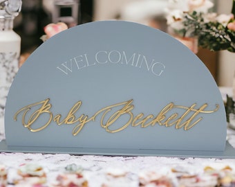 3D Mirrored Acrylic Arch Baby Shower Welcoming Baby Sign, Laser Cut Newborn Party Signage, New Boy or Girl Dusty Blue or Rose Shower Decor