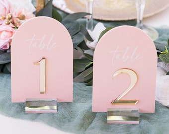 3D ARCH Acrylic Blush Dusty Blue and Gold Table Number Sign With Stands, Perspex Modern Calligraphy Table Numbers, Lucite Minimalist Number