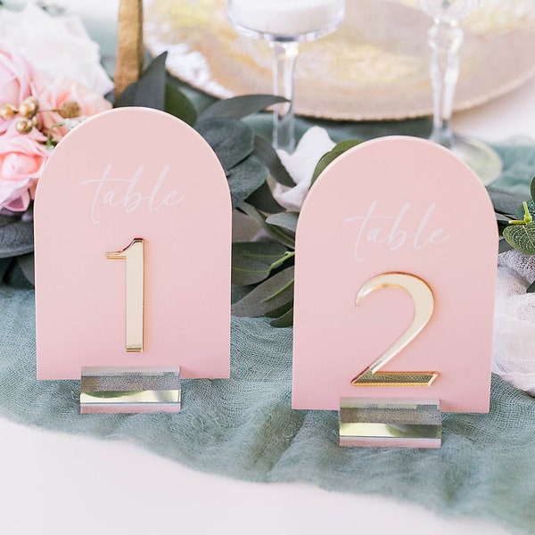 3D ARCH Acrylic Blush Dusty Blue and Gold Table Number Sign With Stands, Perspex Modern Calligraphy Table Numbers, Lucite Minimalist Number