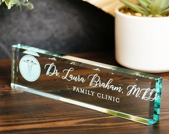 Physician MD Doctor Glass Office Desk Name Plate, Clear PA Surgeon Nameplate, Medical Practitioner Appreciation Gift, Med School Graduation