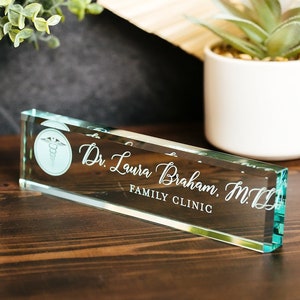 Physician MD Doctor Glass Office Desk Name Plate, Clear PA Surgeon Nameplate, Medical Practitioner Appreciation Gift, Med School Graduation image 1