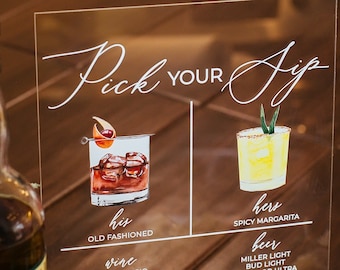 Pick Your Sip Bar Menu Signature Cocktails Custom Clear Glass Look Acrylic Wedding Sign With Stand, His Her Drinks Lucite Perspex Table Sign