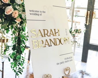 3D Gold Mirror Foil Wedding Acrylic Welcome Sign With Names + Date, 18x24 Personalized Modern Minimalist Laser Frosted Gold Signage
