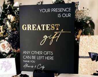 3D Mirror Your Presence Is Our Greatest Gift, Any Other Gifts Can Be Left Here Acrylic Wedding Sign, Cards Perspex Table Gift Table Signage