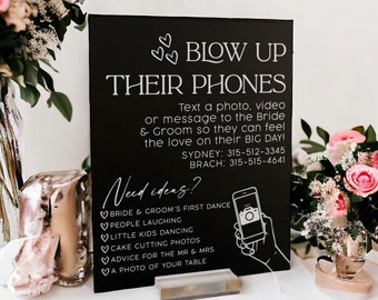 Blow Up Their Phones Wedding Table Sign Text or Video Bride and Groom Memories Acrylic Black and Gold Wedding I Spy Games, Photo Guestbook