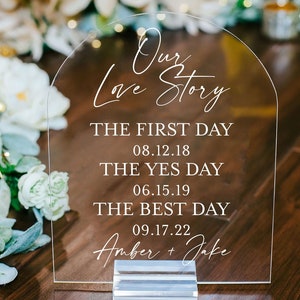 ARCH Our Love Story First Day Yes Day Best Day Clear Glass Look Acrylic Wedding Sign, Sweetheart Table Lucite Table Sign